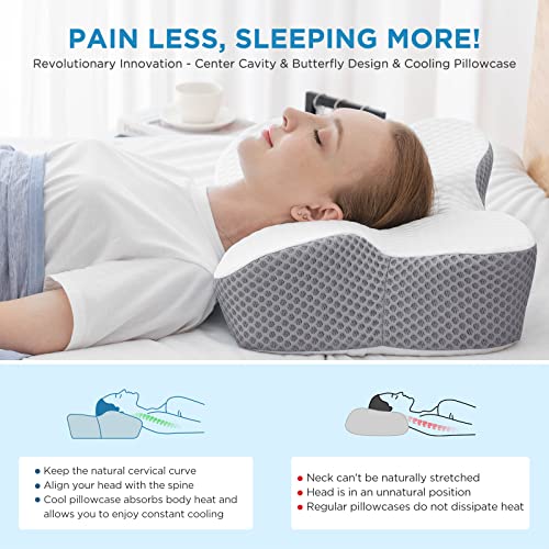  HOMFINE Cervical Memory Foam Cooling Pillow - Ergonomic Pillow For Neck And Shoulder Pain, Orthopedic Contoured Support Pillow For Side, Back And Stomach Sleepers With Breathable Cooling Cover,Grey