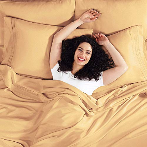  Premier 1800 Series 4pc Bed Sheet Set - Queen, Camel Gold, Hypoallergenic, Deep Pocket