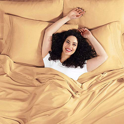  Premier 1800 Series 4pc Bed Sheet Set - Queen, Camel Gold, Hypoallergenic, Deep Pocket