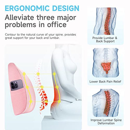  Fyore Lumbar Pillow Memory Foam Back Support Cushion With Anti-Slip Particles Designed For Lower Back Pain Relief Back Pillow 2 Adjustable Straps For Computer/Office Chair,Car Seat,Recliner(Pink)