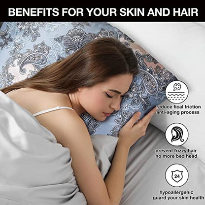  FELYSIK Blue Gray Paisley Silk Pillowcase For Hair And Skin - Queen 20"x30", 22 Momme 100% Mulberry Silk Floral Print Pillow Cases With Zipper