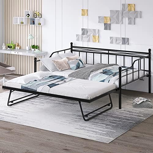  Twin Size Metal Daybed With Trundle, Daybed With Slat No Box Required, Noise Free, For Bedroom Living Room - Pink