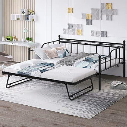  Twin Size Metal Daybed With Trundle, Daybed With Slat No Box Required, Noise Free, For Bedroom Living Room - Pink