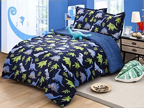  All American Collection New Super Soft And Warm 4 Piece Borrego/Sherpa Blanket With Pillow Sham And Cushion (Full, Dinosaur)