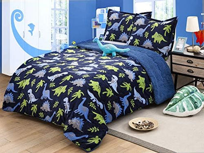  All American Collection New Super Soft And Warm 4 Piece Borrego/Sherpa Blanket With Pillow Sham And Cushion (Full, Dinosaur)