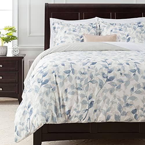  Duvet Cover King Set Ultra Soft Layered Leaf Print 3-Piece Reversible Bedding - Brushed Microfiber Comforter Cover - Zipper Closure (1 Duvet Cover & 2 Pillow Shams) Blue Taupe - King