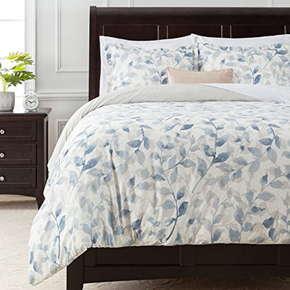  Duvet Cover King Set Ultra Soft Layered Leaf Print 3-Piece Reversible Bedding - Brushed Microfiber Comforter Cover - Zipper Closure (1 Duvet Cover & 2 Pillow Shams) Blue Taupe - King