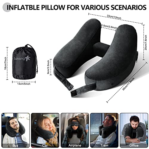  Neck Pillow For Travel Inflatable Airplane Pillow Comfortably Supports Head, Neck And Chin, Inflatable Travel Pillow With Soft Velour Cover And Portable Drawstring Bag (Black)