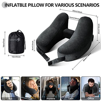  Neck Pillow For Travel Inflatable Airplane Pillow Comfortably Supports Head, Neck And Chin, Inflatable Travel Pillow With Soft Velour Cover And Portable Drawstring Bag (Black)