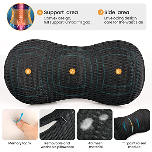  Lumbar Support Pillow, Agokud Back Pillow For Office Chair And Car Seat, Memory Foam Back Support Pillow For Lower Back Pain Relief, Adjustable Lumbar Pillow For Sleeping, Rest