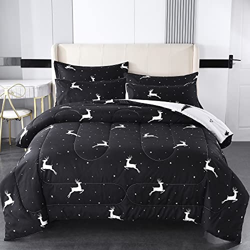 Mengersi Christmas Bed In A Bag 7-Pieces Comforter Sets,Christmas Deer Tree Comforter Set Bed Sheets,Pillow Shams, Flat Sheet, Fitted Sheet And Pillowcases,Black And White Bedding Sets(Deer,King)