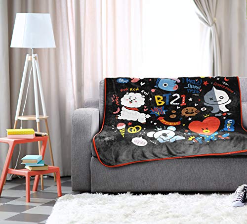 Line Friends BT21 Black & White Doodle Throw Blanket - Measures 46 X 60 Inches, Kids Bedding - Fade Resistant Super Soft Fleece (Official Line Friends Product)