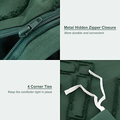  Powdion Green Duvet Cover Tufted, Dark Green Duvet Cover Queen With Jacquard Geometric Design, Boho Textured Duvet Cover Lightweight, 3pcs Olive Green Duvet Cover Set Zipper Closure 4 Ties