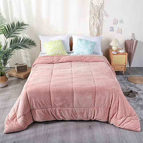  Luxurious Flannel Fleece Comforter With Plush Sherpa Back- Twin Size Bedding Coverlet-Textured Faux Fur Blanket-Machine Washable-Winter Warmth(68X90”, Rose), Twin/Twin XL