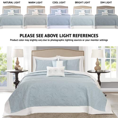  Ashbury Bedspread Set - Luxury Textured Quilt, All Season, Large Lightweight Coverlet, Cozy Bedding, Matching Shams, Medallion Blue, Oversized King (120 In X 118 In)
