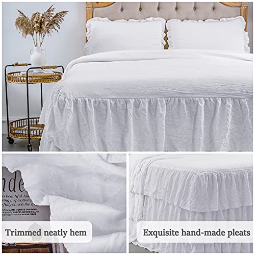  Rustic Ruffle Skirt Bedspread, Hand Made 30" Long Ruffle Skirt Coverlet, Natural Wrinkle Style For Kid, Baby （3 Pcs Set, Queen, White）