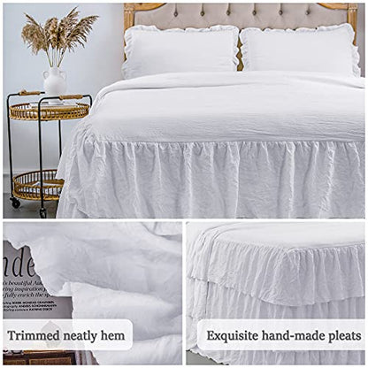  Rustic Ruffle Skirt Bedspread, Hand Made 30" Long Ruffle Skirt Coverlet, Natural Wrinkle Style For Kid, Baby （3 Pcs Set, Queen, White）