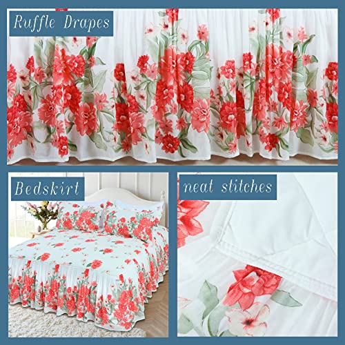 100% Cotton High 3-Pieces Ruffle Bed Skirt Queen Size Red Floral Quilted Bedspread Set With 2 Pillow Shams 20″Deep Dust Ruffle Drop 3-Side Dust Ruffle Drape Fitted Sheet For Bed Cover(White, Queen)