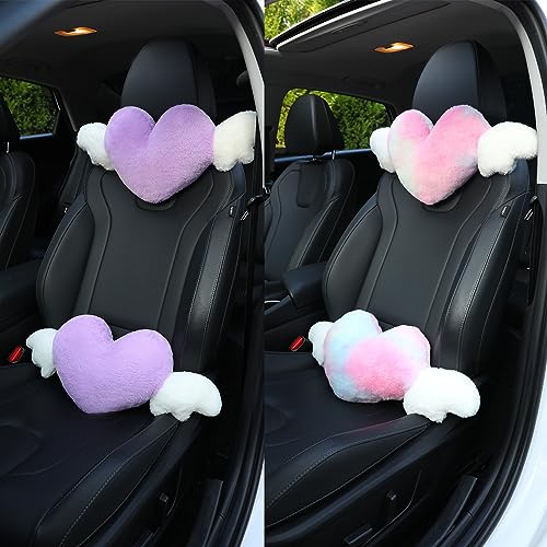  2 Pack Heart Shaped Cute Car Headrest Pillow With Angel Wings - Comfortable Soft Head Rest Cushion Kawaii Car Accessories Neck Pillow For Driving Travelling Office Home Decor - Black Love Heart