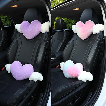  2 Pack Heart Shaped Cute Car Headrest Pillow With Angel Wings - Comfortable Soft Head Rest Cushion Kawaii Car Accessories Neck Pillow For Driving Travelling Office Home Decor - Black Love Heart
