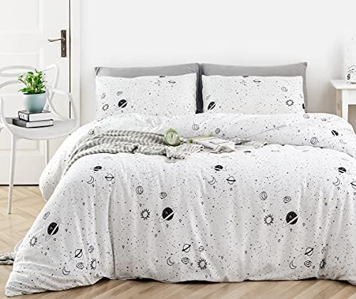  White Celestial Duvet Cover Queen 100% Cotton Cute Planet Duvet Cover 3 Pieces Set 1 Galaxy Star Pattern Duvet Cover With Zipper Ties 2 Pillowcases Luxury Soft Celestial Bedding Set Durable