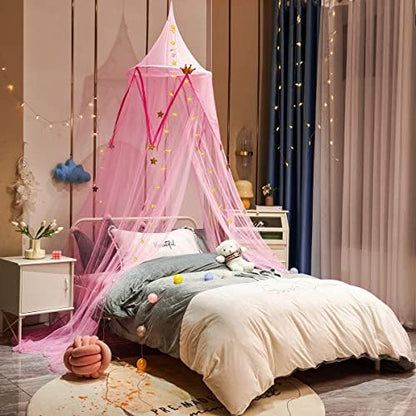  Bed Canopy With Stars And Crown, 7 Doors Mosquito Net Bed Canopy For Girls, Princess Canopy For Girls Bed Room Decor, Encrypted Fabric, Purple