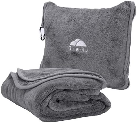  BlueHills Premium Soft Tall Travel Blanket Pillow Airplane Flight Blanket Long 70 X 48 Inch Throw In Bag Pillow Case With Hand Luggage Belt & Backpack Clip Compact Pack Large Blanket Long Black T054