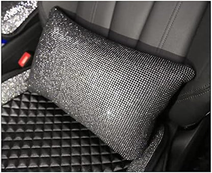  HappyERA 1Pc Bling Rhinestones Leather Car Seat Lumbar Pillow, Crystal Diamond Lumbar Support Cushion For Girls Women - White