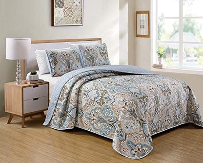  Better Home Style 3 Piece Luxury Lush Soft Blue Taupe Motif Ornamental Floral Printed Design Quilt Coverlet Bedspread Oversized Bed Cover Set # Amanda (Blue, King/Cal-King)