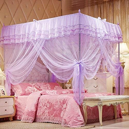  4 Corners Post Pink Canopy Bed Curtain For Girls & Adults - Cute Cozy Drape Square Netting For Twin Bed - 4 Opening 45" W X 80" L Mosquito Net - Princess Bedroom Decoration