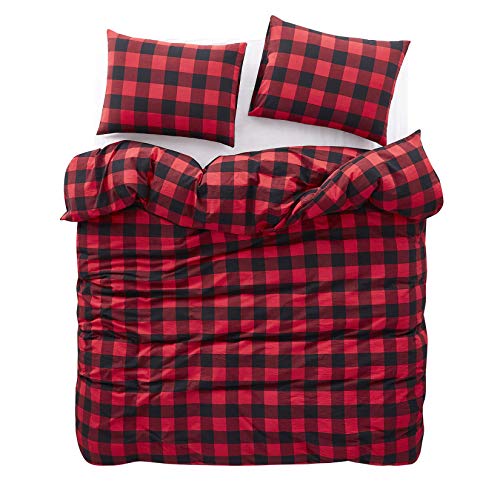  Wake In Cloud - Red Black Plaid Duvet Cover Set, 100% Washed Cotton Bedding, Buffalo Check Gingham Plaid Geometric Checker Pattern, With Zipper Closure (3pcs, Queen Size)