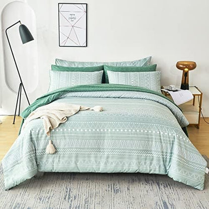  RYNGHIPY Striped Boho Bed Comforter Set Full Size Sage Green, 8Pcs Geometric Bohemian Bed In A Bag Down Alternative Comforter Bedding Set (Sage Green,Full Size)