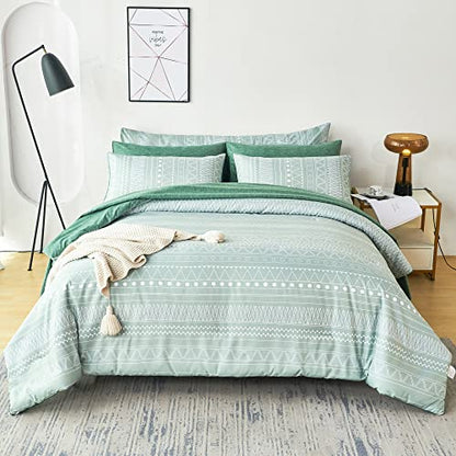 RYNGHIPY Striped Boho Bed Comforter Set Full Size Sage Green, 8Pcs Geometric Bohemian Bed In A Bag Down Alternative Comforter Bedding Set (Sage Green,Full Size)