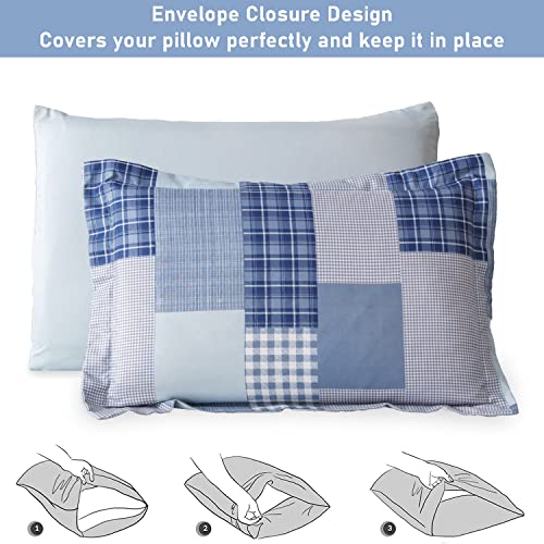  8 Pcs Blue White Plaid Bedding Comforter Sets King Patchwork Comforter Set Bed In A Bag With Flat Sheet,Fitted Sheet,Bed Skirt,Pillowcases & Shams,Gingham Bed Check Duvet Set Geometric Home Decor