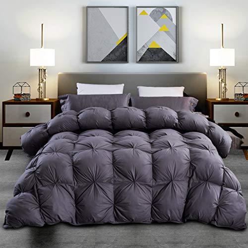  Xurious Goose Down Comforter Queen Size Duvet Insert, Premium Pinch Pleat Design, 1200 Thread Count 100% Egyptian Cotton, 750+ Fill Power, 60 Oz Fill Weight (Queen, Gray)