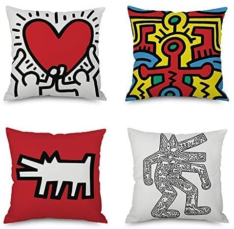  Farg Set Of 4,Keith Haring's Graffiti Painting Decorative Throw Pillow Covers,One-Side Printed,Cotton Linen, Inch(45x45cm)