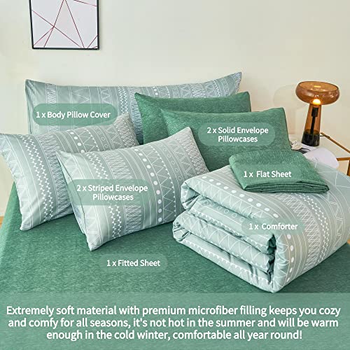 RYNGHIPY Striped Boho Bed Comforter Set Full Size Sage Green, 8Pcs Geometric Bohemian Bed In A Bag Down Alternative Comforter Bedding Set (Sage Green,Full Size)