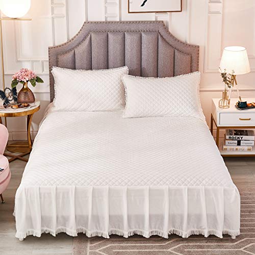  Diamond Quilted Velvet Bedspread Three Sides 18 Inches Deep Ruffles Drop Fitted Sheet Bed Skirt With Tassels Decorative Fringe (White, King)