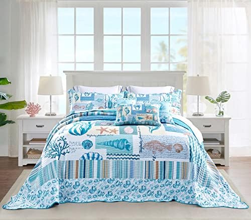  HZ&HY Coastal Oversized King Bedspread 128x120 Extra Wide, Lightweight Beach Bedding Nautical Quilt, Real Stitching, Reversible, 6 Piece, 100% Microfiber, King/California King, Shell