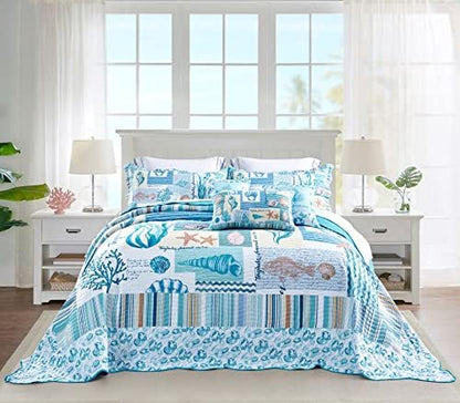  HZ&HY Coastal Oversized King Bedspread 128x120 Extra Wide, Lightweight Beach Bedding Nautical Quilt, Real Stitching, Reversible, 6 Piece, 100% Microfiber, King/California King, Shell