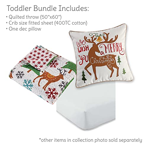  Levtex Home Merry & Bright Collection - Tinsel Toddler Set - Reindeer - Brown, Green, Red,Teal - Holiday - 3 Piece Set Includes Reversible Quilt, Fitted Sheet, Decorative Pilow
