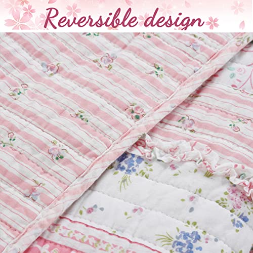  Cozy Line Home Fashions Pink Flower Lace Ruffle Stripe Shabby Chic Girl 100% Cotton Reversible Quilt Bedding Set, Coverlet, Bedspread (Pink Lace, Twin - 2 Piece: 1 Quilt + 1 Sham)