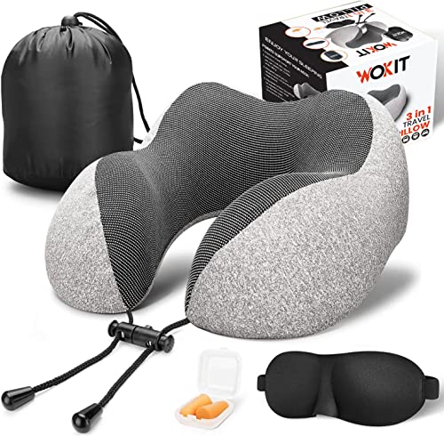  WOKIT Airplane Neck Pillows For Sleeping, 100% Pure Memory Foam, Comfortable, Travel Must Haves Essentials With 3D Contoured Eye Mask, Earplugs & Bag, Colored Box Pack