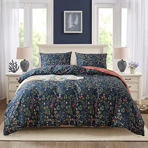  NEWLAKE Cotton Duvet Cover Queen Size - Soft Breathable Duvet Cover Set 3 Pieces With Zipper Closure, 1 Duvet Cover 90x90 Inches And 2 Pillow Shams, Navy Classic Floral Pattern