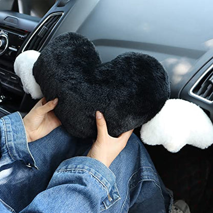  2 Pack Heart Shaped Cute Car Headrest Pillow With Angel Wings - Comfortable Soft Head Rest Cushion Kawaii Car Accessories Neck Pillow For Driving Travelling Office Home Decor - Black Love Heart