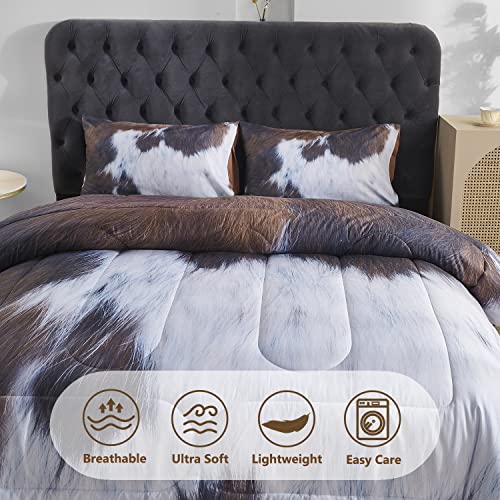  PERFEMET Cow Print Comforter Set Queen Size, Highland Cowhide Rustic Farmhouse Bedding Set, Western Farm Animal Fur Pattern Cowboy Duvet Set, (Brown White)