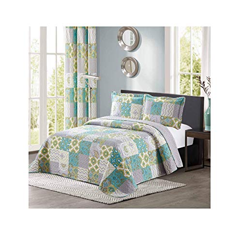 New 3pc Printed Modern Geometric Bedspread Coverlet Quilt Set Matching Curtains Available (King/Cal King Size, Blue/Green & Yellow)