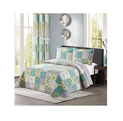  New 3pc Printed Modern Geometric Bedspread Coverlet Quilt Set Matching Curtains Available (King/Cal King Size, Blue/Green & Yellow)