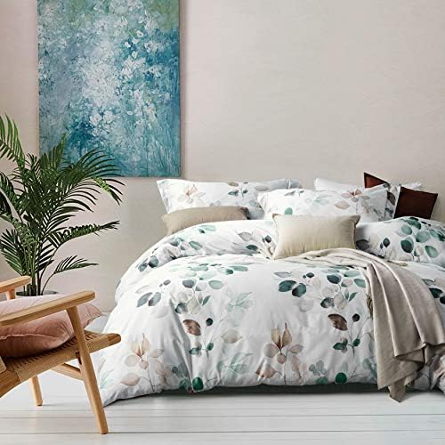  Duvet Cover King Size 100% Egyptian Cotton Gradient Teal Blue Leaves Plant Pattern Printed Comforter Cover Set Ultra Soft & Breathable Unique Design Farmhouse Bedding Set 3pcs (No Comforter)
