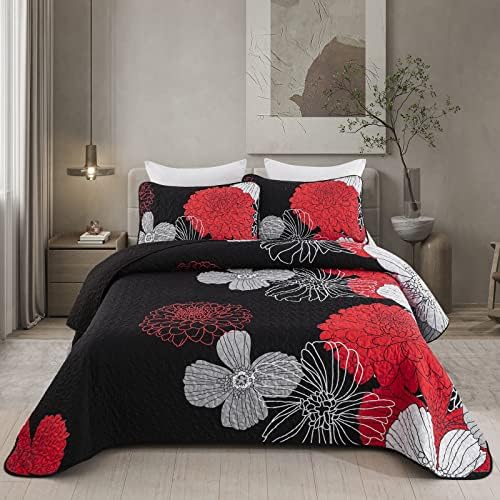  Floral Pattern Quilt Set Queen Burnt Orange Bedspread 3 Pieces Coverlet Soft Lightweight Bed Cover With 2 Pillow Shams For All Season 90"x96"